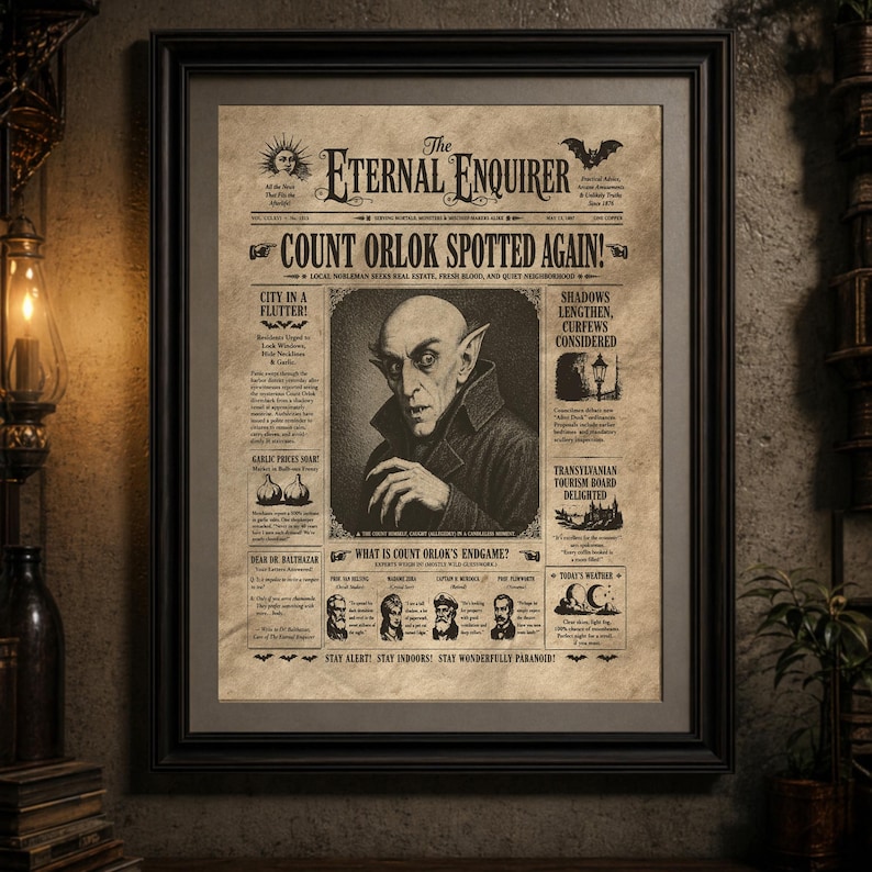 Funny Count Orlok Vampire Newspaper Poster Rolled Posters, Vintage Horror Decor, Dark Humor image 1