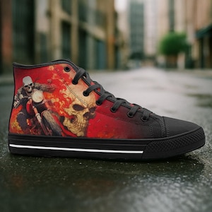 Hoge Gothic Skull Flame-sneakers: canvas bikerskeletschoenen