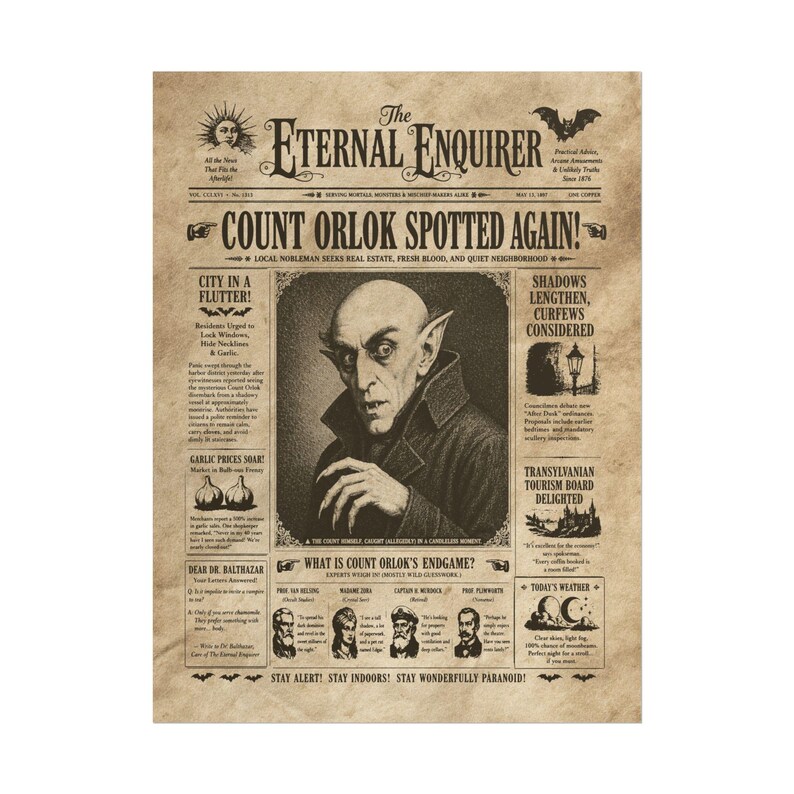 Funny Count Orlok Vampire Newspaper Poster Rolled Posters, Vintage Horror Decor, Dark Humor 8″ x 10″ (Vertical)