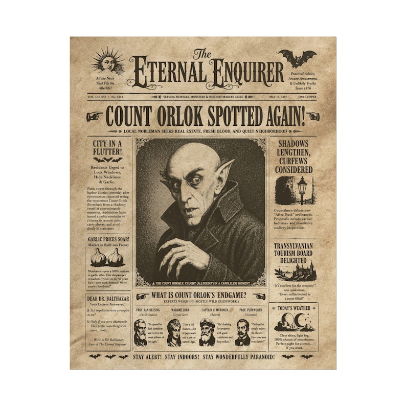 Funny Count Orlok Vampire Newspaper Poster Rolled Posters, Vintage Horror Decor, Dark Humor 18″ x 24″ (Vertical)