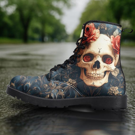 skulls black combat boots with roses