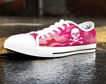 Gothic Skull Pink Camouflage Sneakers, Alt Skull Shoes, Camo Sneakers, Skull Crossbones Shoes, Punk Rock Sneaker, Emo Goth Shoes