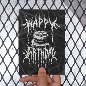 Carte de joyeux anniversaire gothique en métal noir avec têtes de mort, noir, papeterie alternative, paquet de cartes de correspondance occultes, carte d'anniversaire gothique, 4 x 6 cartes