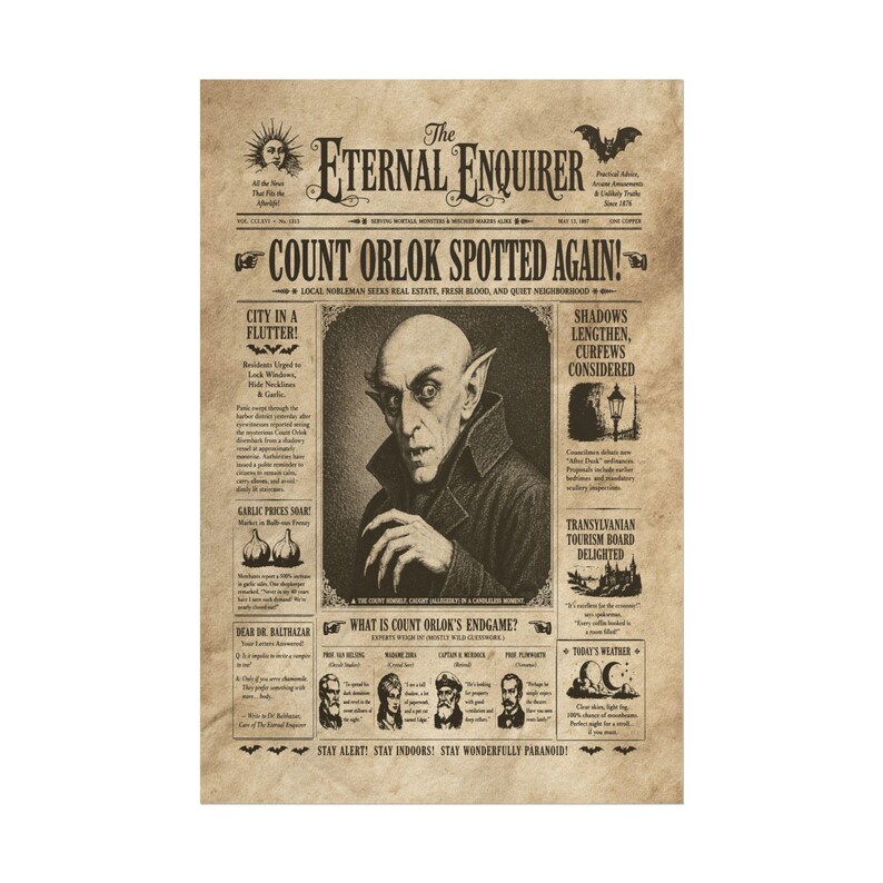 Funny Count Orlok Vampire Newspaper Poster Rolled Posters, Vintage Horror Decor, Dark Humor 24" x 36" (Vertical)