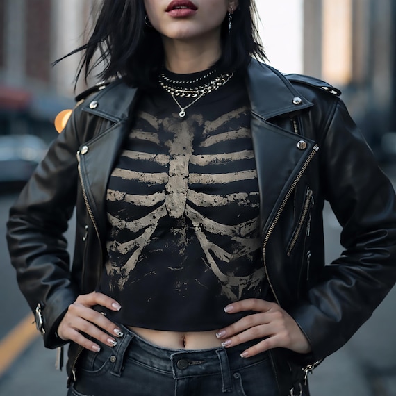 Gothic Skeleton Rib Cage Crop Top: Grunge Alt Fashion Tee, Festival Tee