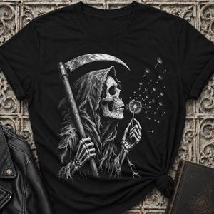 Grim Reaper with Scythe Blowing Dandelion Unisex T-Shirt | Gothic Skull  / Skeleton Tee
