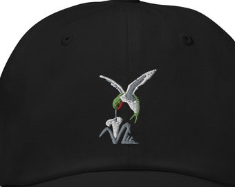 Embroidered hummingbird Dad hat, colorful feeding hummingbird cap