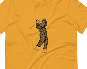 Bigfoot Sasquatch Golfer Short-Sleeve Tshirt, Golfing Gorilla Yeti Unisex T-Shirt