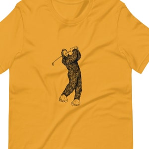 Bigfoot Sasquatch Golfer Short-Sleeve Tshirt, Golfing Gorilla Yeti Unisex T-Shirt