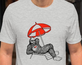 Camisa de playa Bigfoot, sombrilla roja Sasquatch, camisa yeti, camisa de cóctel de gorila unisex