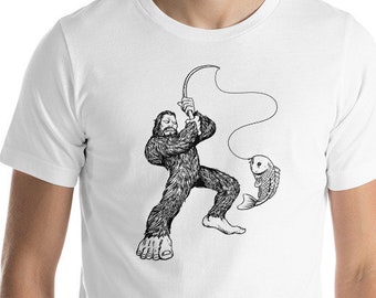 Sasquatch Bigfoot Vissen Unisex T-shirt met korte mouwen