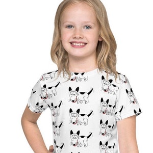 Cute dog Kids t-shirt, doggy crew neck t-shirt, youth sizes, all- over print, back to school shirt
