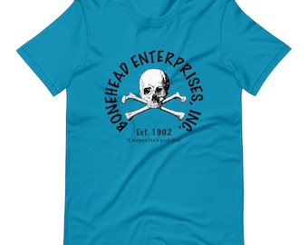 Camisa de caveira com cabeça de osso, camiseta de caveira, camisa de esqueleto de boa ideia, camiseta unissex de manga curta com caveira humorística