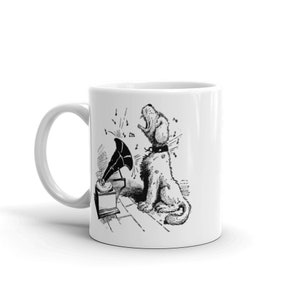 Vintage singing dog White glossy mug, howling puppy with gramophone mug