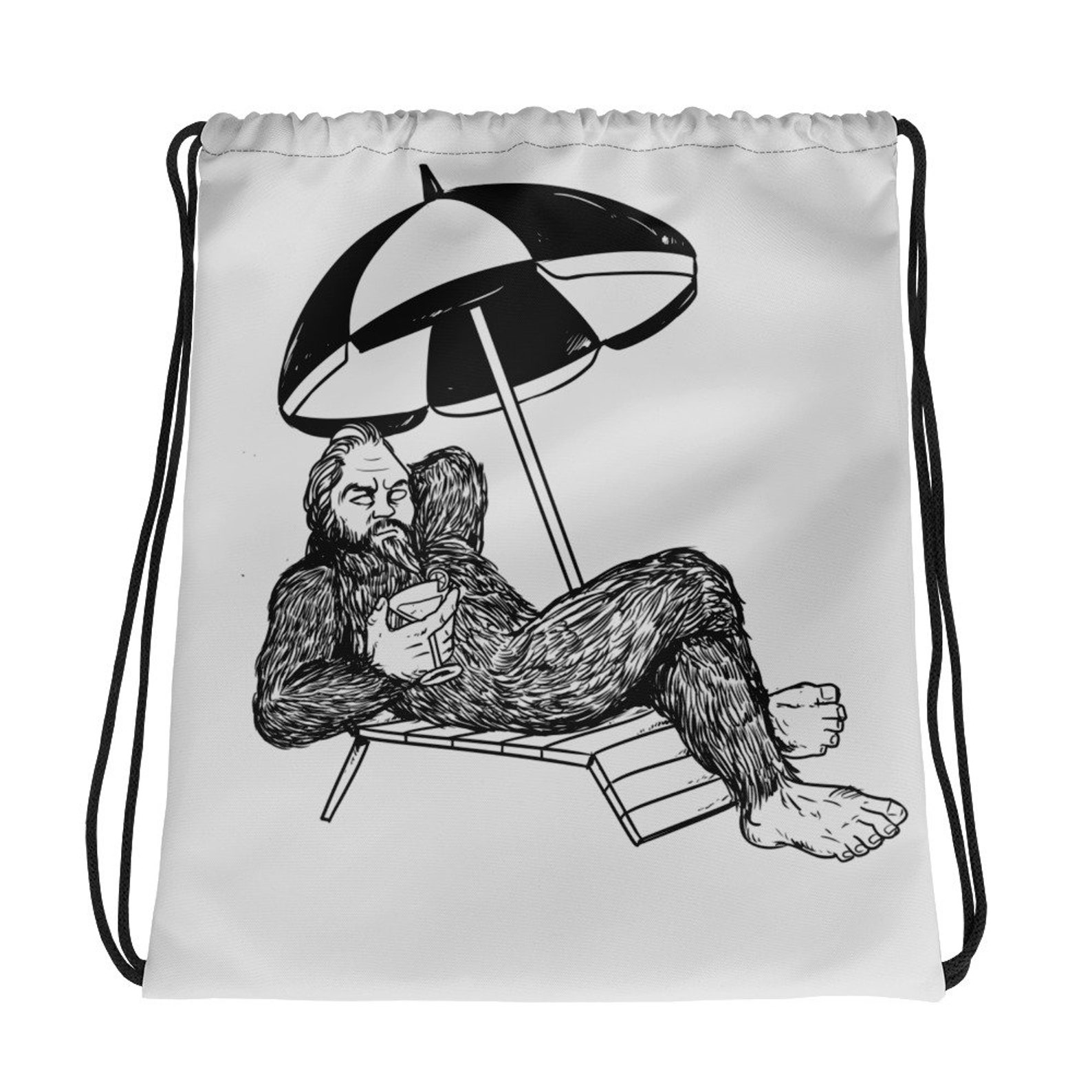 Bigfoot Sasquatch Beach Bag, Handy Drawstring Carrier With Fun Lounging