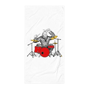 Musician towel, drummer, Bigfoot bath towel, beach Towel Sasquatch Yeti Bigfoot Drummer rock jazz