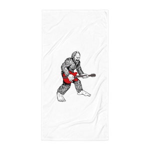 Bigfoot Guitar Towel, Sasquatch guitar player on a beach towel, rock guitarist towel