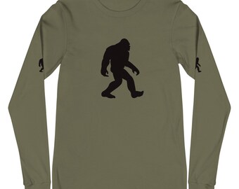 Camisa Walking Bigfoot con impresión de mangas, camisa Sasquatch Long Sleeved, camiseta bigfoot silueta, manga impresa yetis, vista de perfil
