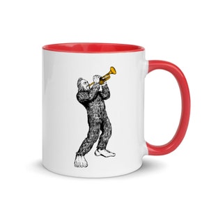 Jazz player mug, trumpet music cup, Bigfoot Sasquatch Yeti Trumpet Mug with Color Inside