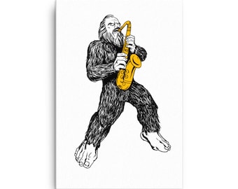 Bigfoot Sasquatch Sax Player Canvas, gorilla saxaphone player wall hanging, canvas jazz