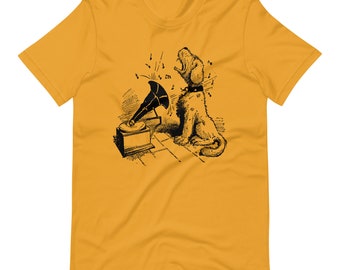 Singing Dog Vintage Short-Sleeve Unisex T-Shirt, gift for dog lover, antique singing puppy design