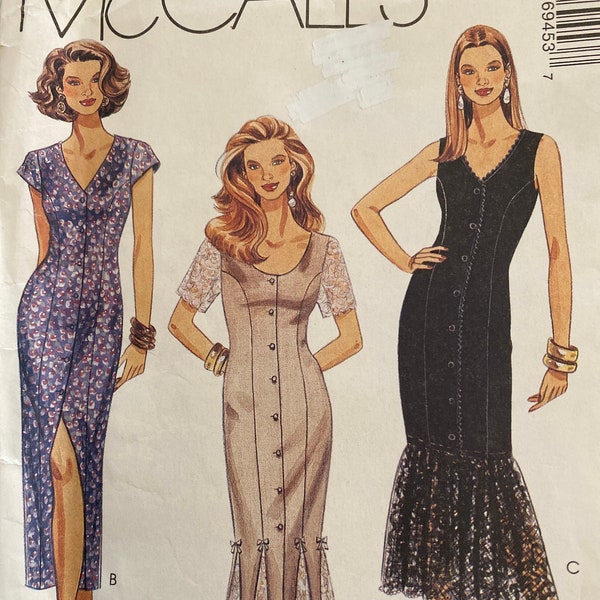 McCall’s 6945 Dress Button Front  Princess Seam Pattern Misses Sz 10 12 14 Vtg 90’s  Choice of V or Scoop Neck, Lace, Sleeves FF  uncut