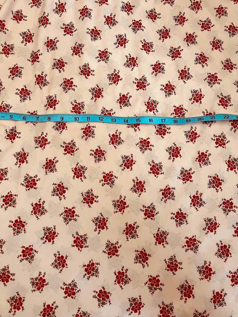 Peach Polyester Fabric Deep Red Flowers Burgundy Leaves on Knit Material BTY 3 Yards image 5