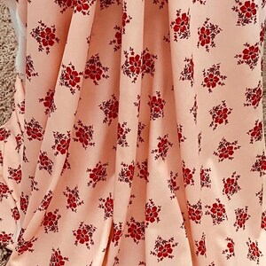 Peach Polyester Fabric Deep Red Flowers Burgundy Leaves on Knit Material BTY 3 Yards image 6
