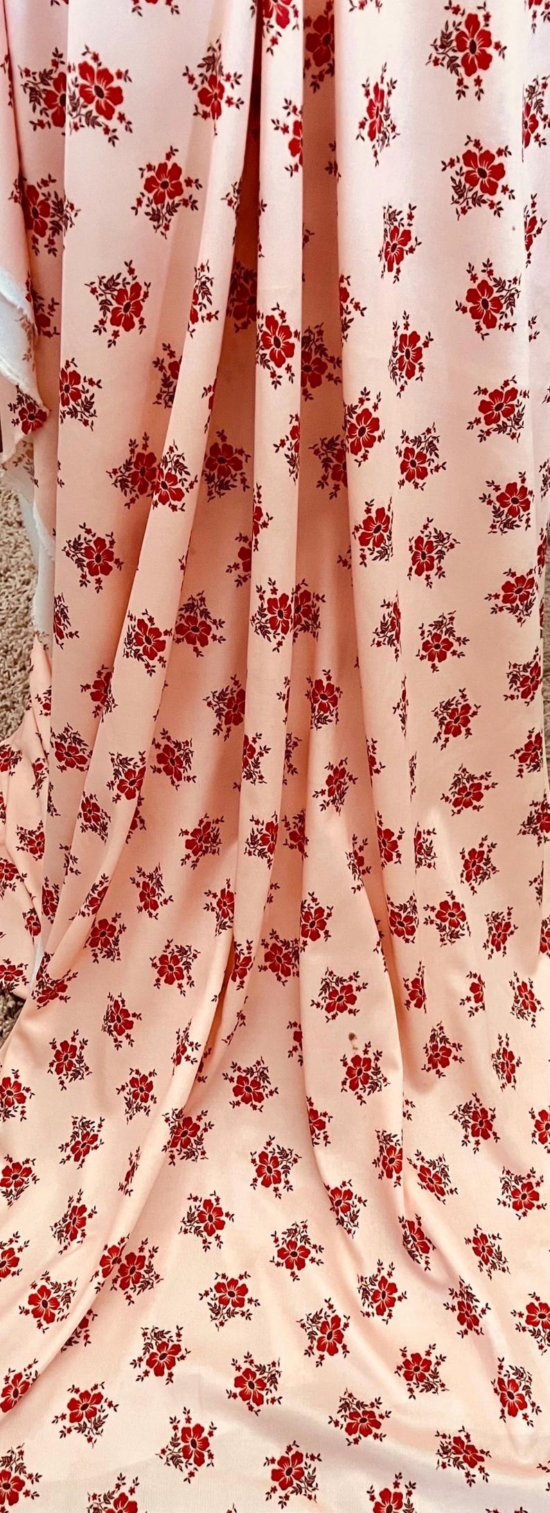 Peach Polyester Fabric Deep Red Flowers Burgundy Leaves on Knit Material BTY 3 Yards image 6