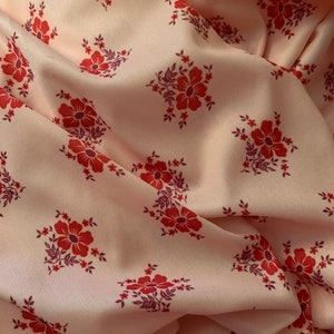 Peach Polyester Fabric Deep Red Flowers Burgundy Leaves on Knit Material BTY 3 Yards image 2