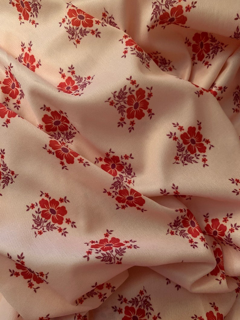 Peach Polyester Fabric Deep Red Flowers Burgundy Leaves on Knit Material BTY 3 Yards image 2