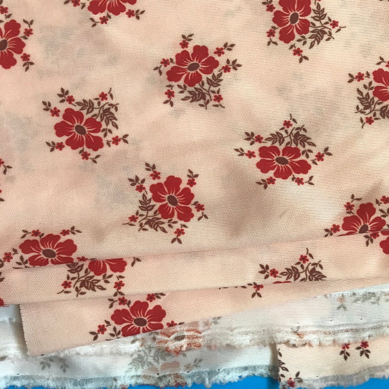 Peach Polyester Fabric Deep Red Flowers Burgundy Leaves on Knit Material BTY 3 Yards image 3