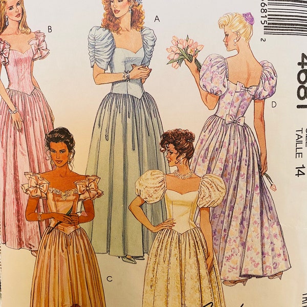 McCall’s 4681 Misses Gown Dress Sz 14 Vtg 90’s Sweetheart Neckline, Dropped Waist, Sleeve variations Cut Pattern