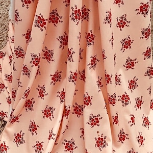 Peach Polyester Fabric Deep Red Flowers Burgundy Leaves on Knit Material BTY 3 Yards image 1