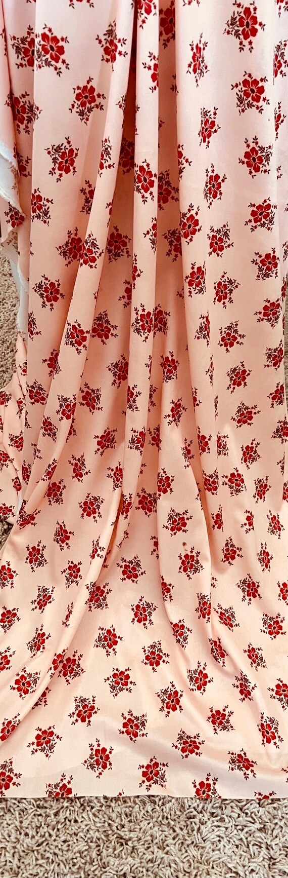 Peach Polyester Fabric Deep Red Flowers Burgundy Leaves on Knit Material BTY 3 Yards