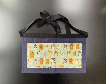 Handmade half apron with linen dog portrait pockets with black tie