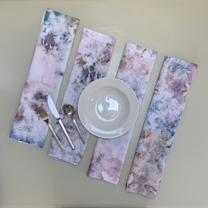 Set of four colorful marbleized ice dyed cotton dinner napkins