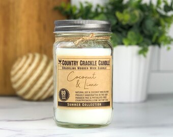 Coconut & Lime | Wooden Wick Natural Soy and Coconut Wax Candle | 80 Hour Crackling Wick | Mason Jar Candles