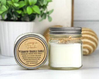 Georgia Peach | Wooden Wick Natural Soy and Coconut Wax Candle | 30 Hour | Crackling Wick | Mason Jar Candles
