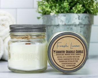 Fresh Linen | Natural Soy and Coconut Wax Candle | Wooden Wick | Crackling Wick | Mason Jar Candles