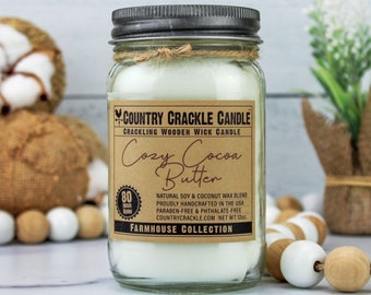 Cozy Cocoa Butter | Wooden Wick Natural Soy and Coconut Wax Candle | 80 Hour Crackling Wick | Mason Jar Candles