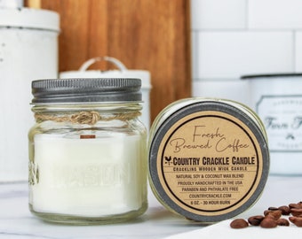 Fresh Brewed Coffee | Wooden Wick Natural Soy and Coconut Wax Candle | 30 Hour | Crackling Wick | Mason Jar Candles