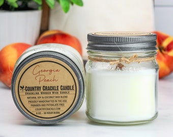 Georgia Peach | Wooden Wick Natural Soy and Coconut Wax Candle | 30 Hour | Crackling Wick | Mason Jar Candles