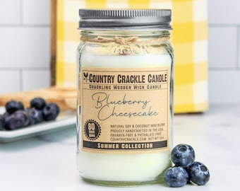 Blueberry Cheesecake | Wooden Wick Natural Soy and Coconut Wax Candle | 80 Hour | Crackling Wick | Mason Jar Candles