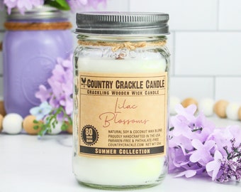 Lilac Blossoms | Wooden Wick Natural Soy and Coconut Wax Candle | 80 Hour | Crackling Wick | Mason Jar Candles