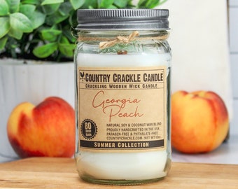 Georgia Peach | Wooden Wick Natural Soy and Coconut Wax Candle | 80 Hour | Crackling Wick | Mason Jar Candles