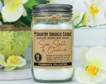 Sea Salt & Orchid | Wooden Wick Natural Soy and Coconut Wax Candle | 80 Hour | Crackling Wick | Mason Jar Candles