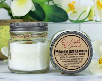 Sea Salt & Orchid | Natural Soy and Coconut Wax Candle | Wooden Wick | Crackling Wick | Mason Jar Candles