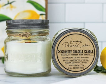 Lemon Pound Cake | Wooden Wick Natural Soy and Coconut Wax Candle | 30 Hour | Crackling Wick | Mason Jar Candles