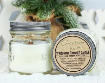 Christmas Wish | Wooden Wick Natural Soy and Coconut Wax Candle | 30 Hour | Crackling Wick | Mason Jar Candles